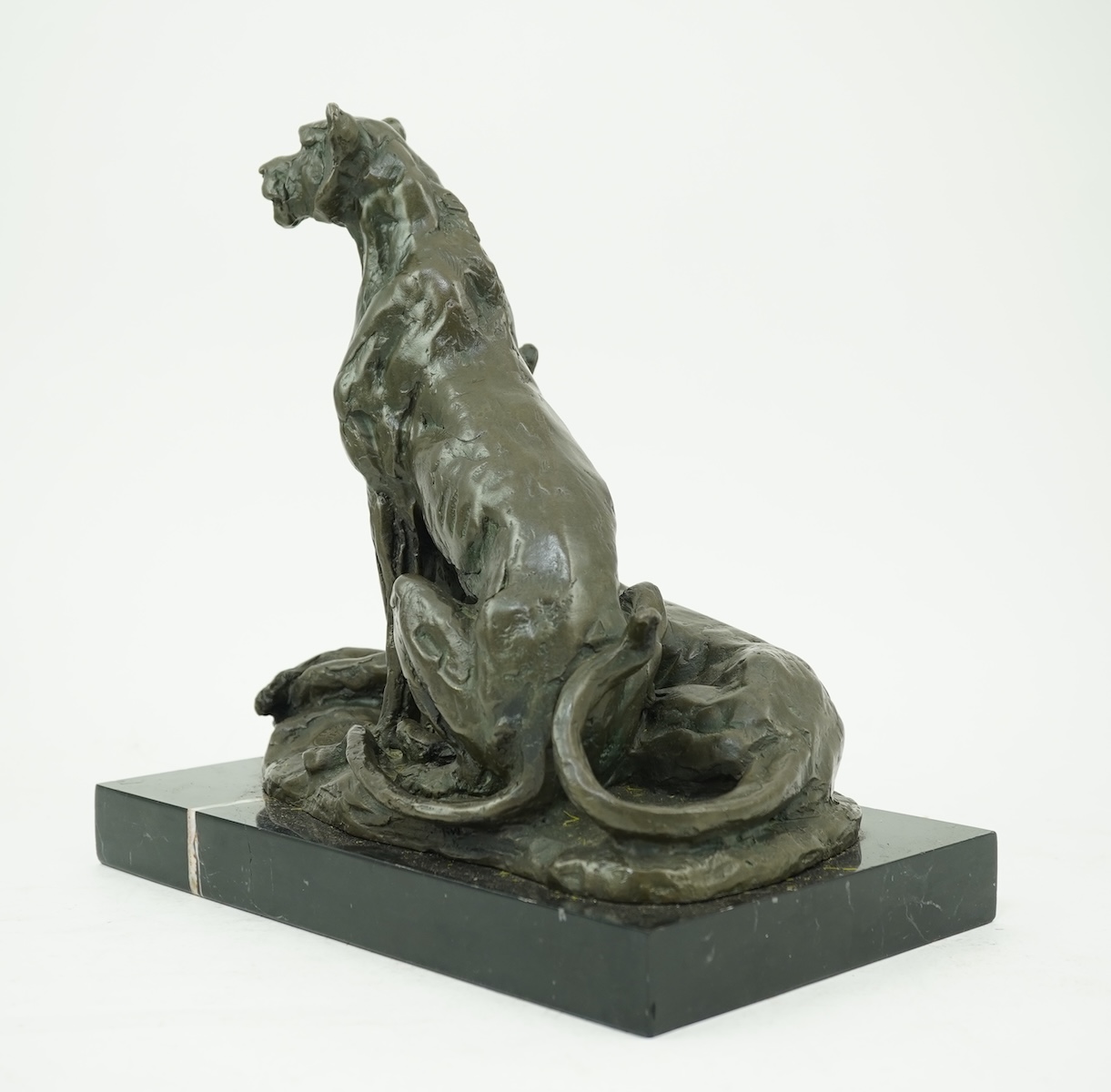 Miguel Fernando Lopez (Portuguese, contemporary): A painted bronze group of two lionesses